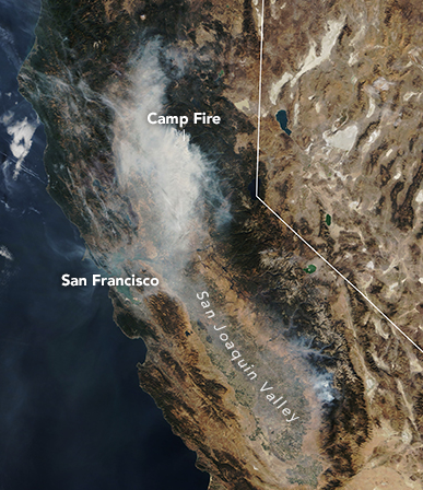 Several days after the Camp Fire began, smoke continued to spread widely across northern California.