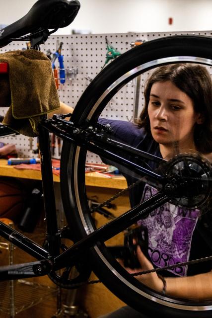 Cassie working on a bik