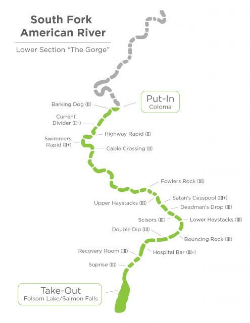 a map of the american river and notable rafting highlights