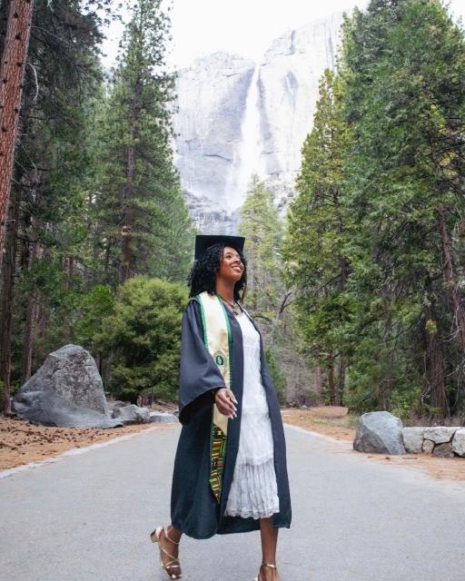 Journey in front of a waterfall in Yosemite